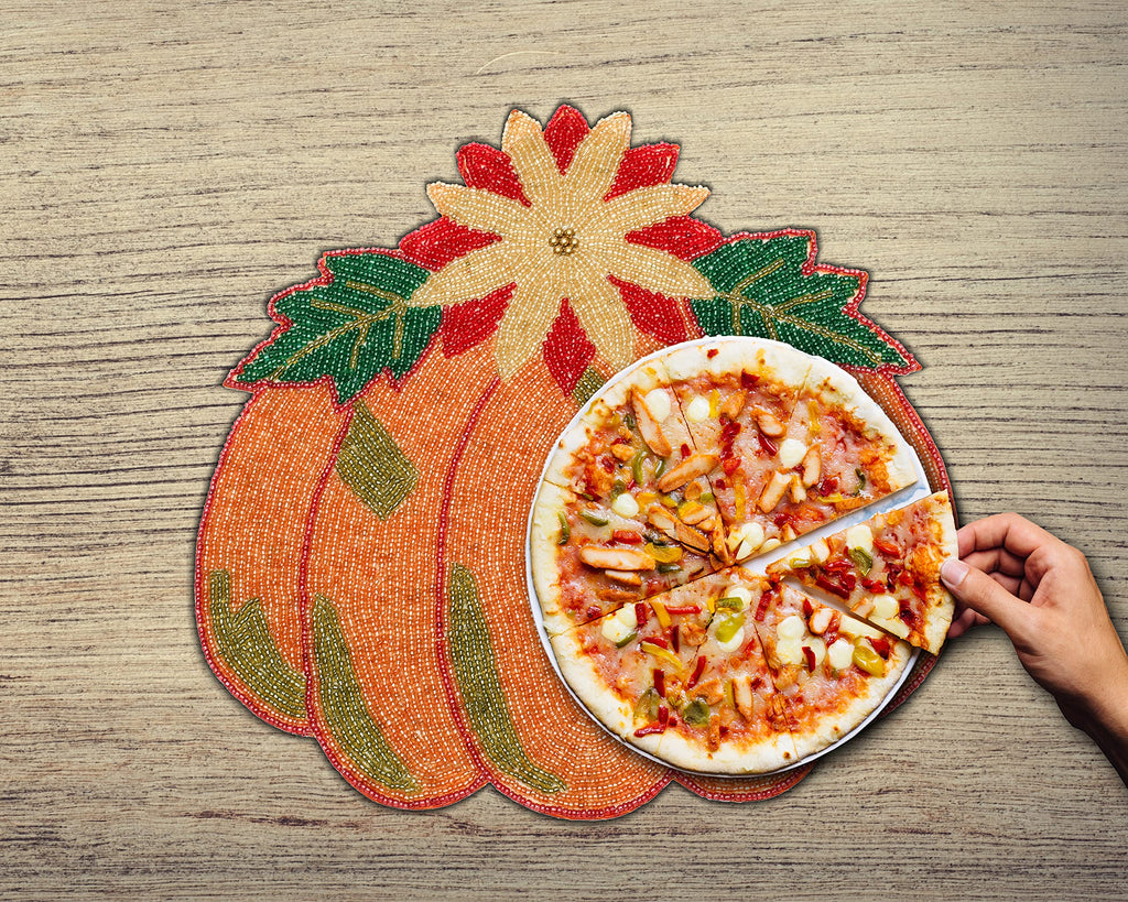 Lightnpro Beaded Pumpkin Placemats Set of 2 - 13 Inch Round Multicolor Charger Mats, Handcrafted Artisan Table