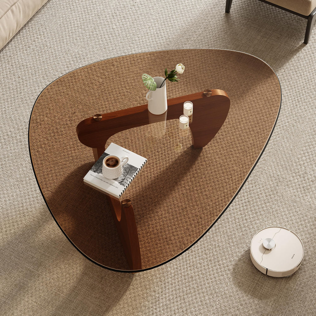 Mid Century Modern Triangle Coffee Table, Tempered Glass Top Solid Wood Base, Walnut/Brown