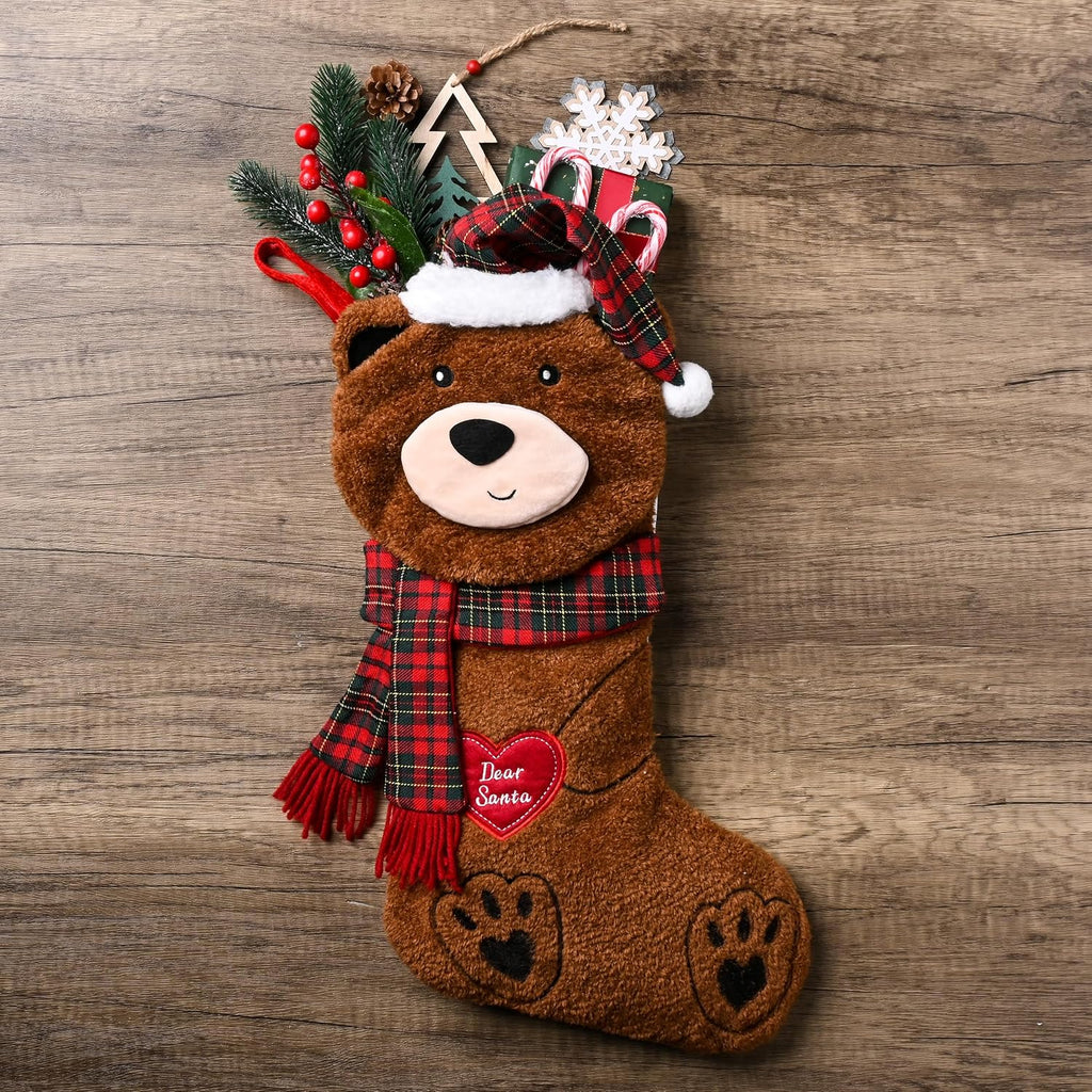 21" Plush Red Brown Bear Christmas Stockings Decorations