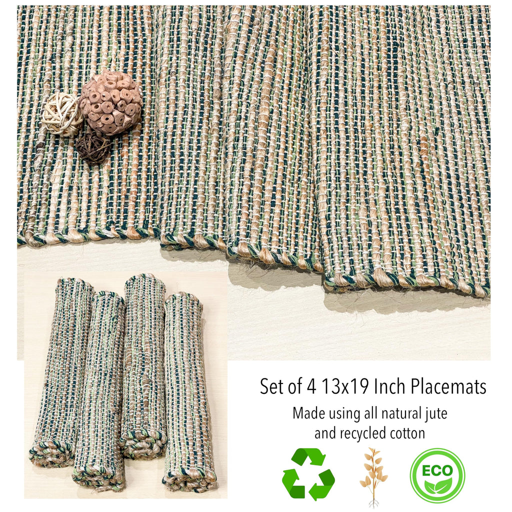 Natural Jute & Green Placemats, Set of 4 - Rustic Handmade Boho Table Mats, 13x19 Inch Dining Table Placemats