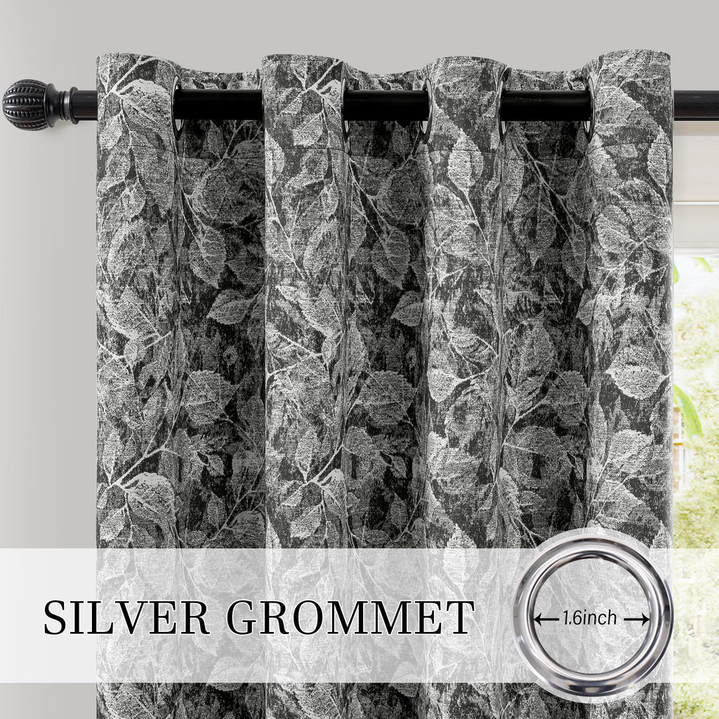 100% Black Blackout Floral Curtains 96 Inches Long 2 Panels