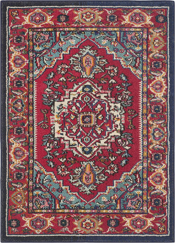 Monaco Collection Accent Rug - 3'4" x 4'7", Red & Turquoise, Medallion Distressed Design, Non-Shedding & Easy Care