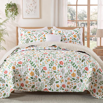 Floral Quilts Queen, White Queen Quilt Bedding Set with Chic Vintage Botanical Pattern, Reversible Lightweight Spring