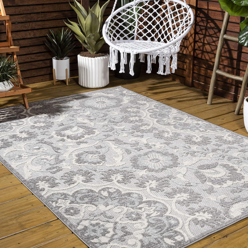 Medallion High-Low Indoor Outdoor Area Rug Light Gray/Ivory, Lucena Modern for Backyard, Patio, Porch