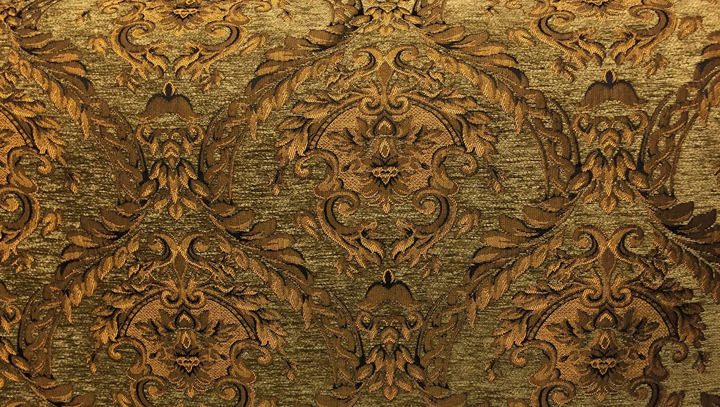 Tapestry Chenille Fabric - Upholstery Fabric, Olive Green / Gold - 60" Width - Sold Bty