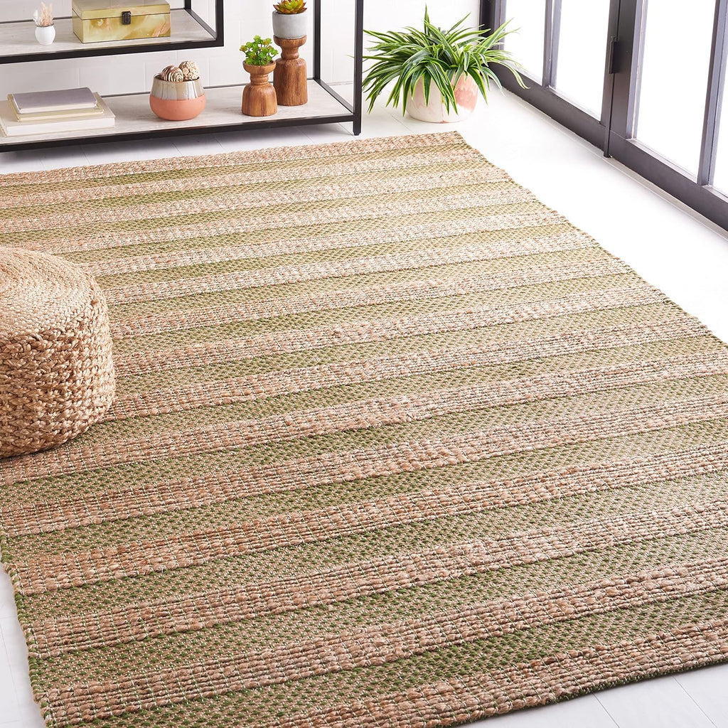 Natural Fiber Area Rug - 9' x 12', Green & Natural, Handmade Boho Farmhouse Rustic Jute & Cotton Jute