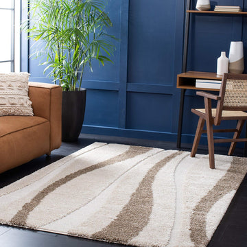 Florida Shag Collection Area Rug - 5' Square, Cream & Dark Brown, Stripe Design, Non-Shedding & Easy Care, 1.2-inch