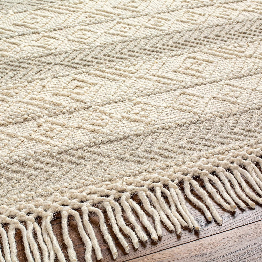 Ummi Wool Living Room, Bedroom Area Rug - Geometric Striped Diamond Border - Traditional Transitional Scandinavian