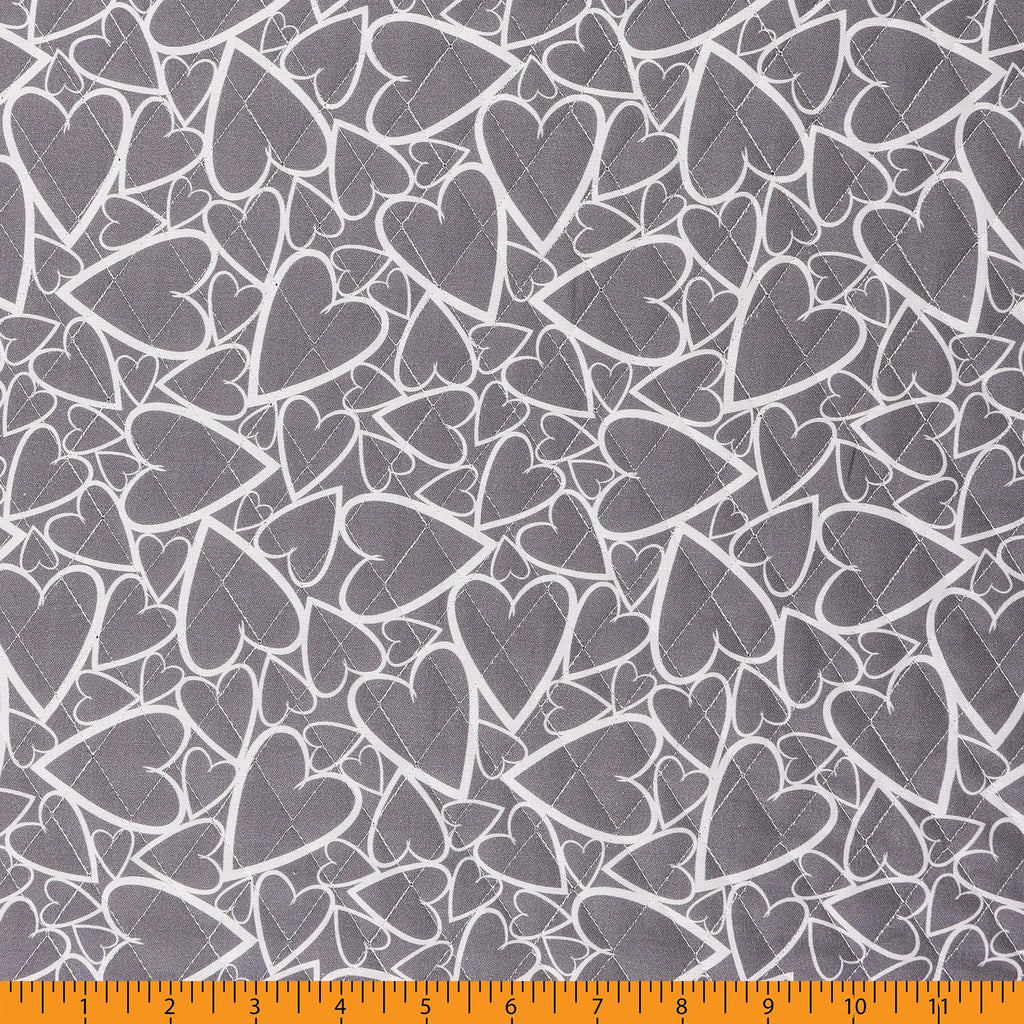 Double Faced Quilted Cotton, Srambled Hearts/Dots Grey/White