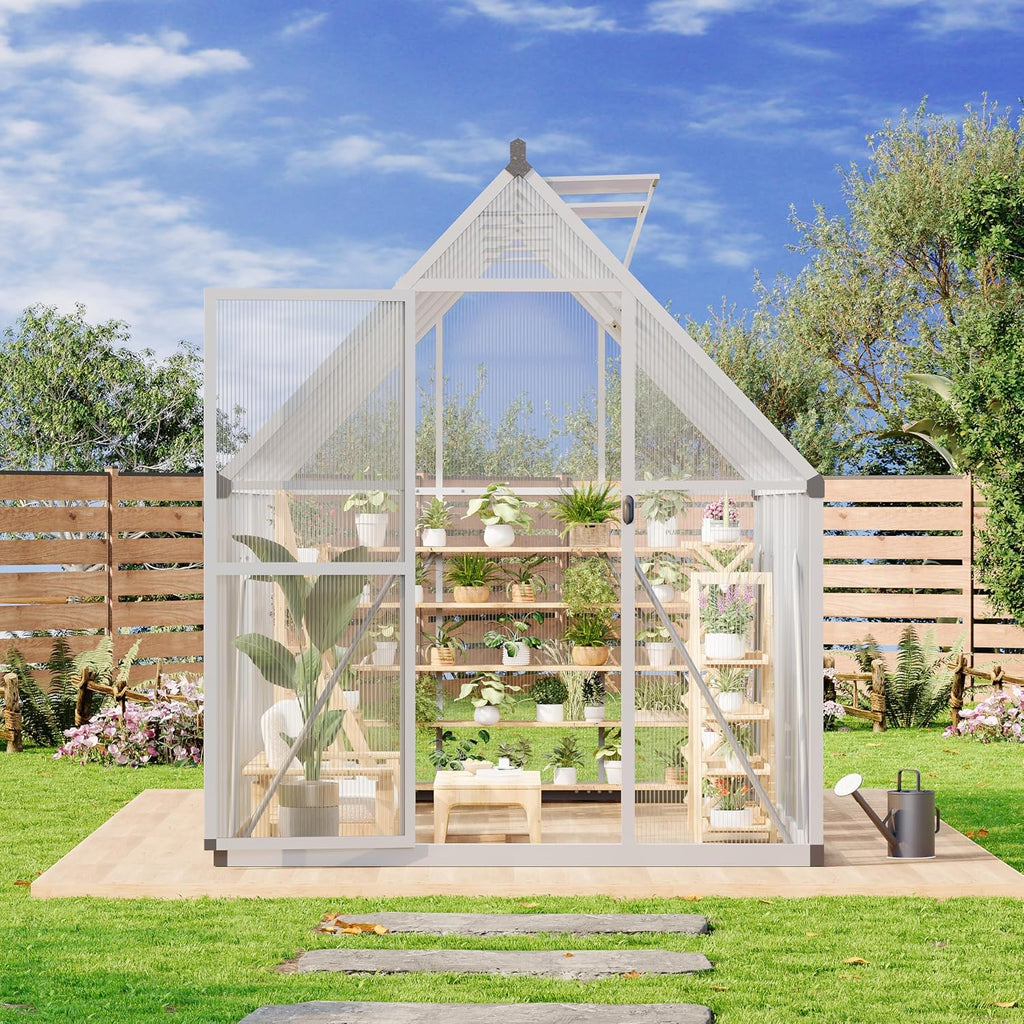 6x9 ft Polycarbonate Outdoor Greenhouse Kit - Heavy Duty Aluminum Plant Shelter with Roof Vent, Lockable Door &