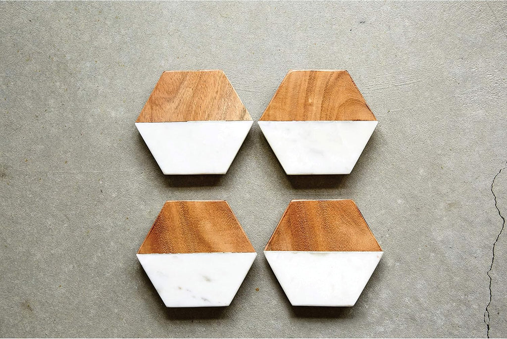 4-Piece Marble and Mango Wood Hexagon Coasters, White and Natural - Set of 4