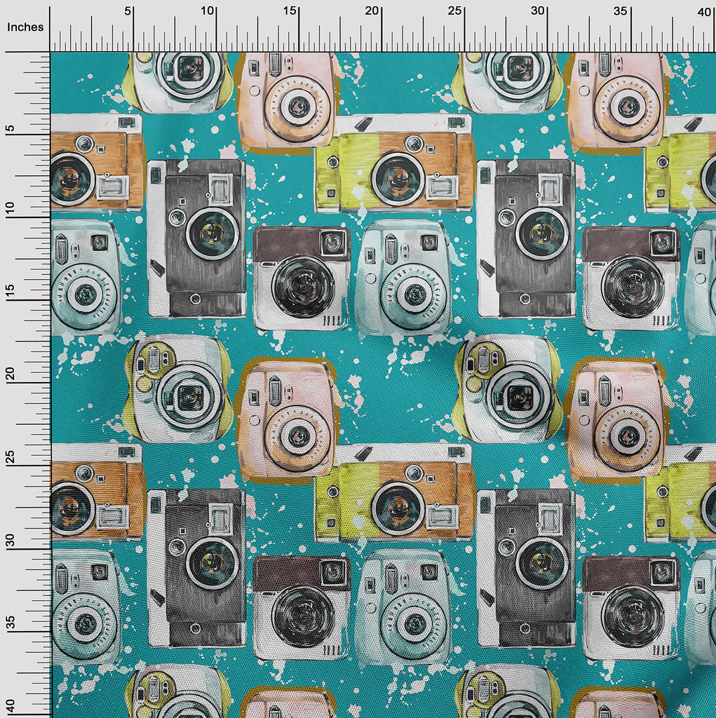 Cotton Cambric Teal Green Fabric Camera Pattern DIY Clothing Quilting Fabric Print Fabric By Yard 42 Inch Wide