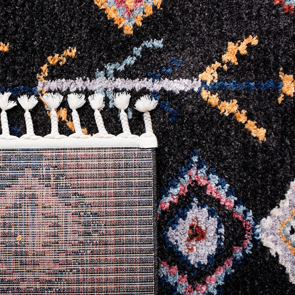 Morocco Collection Area Rug - 6'7" Square, Black & Navy, Moroccan Boho Tribal Design, Non-Shedding & Easy Care, Ideal