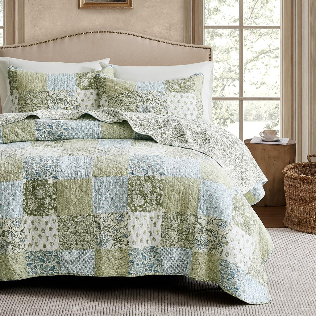 100% Cotton Reversible Patchwork Quilt Queen, Lightweight Farmhouse Vintage Shabby Chic Bedding Set with 2 Pillow