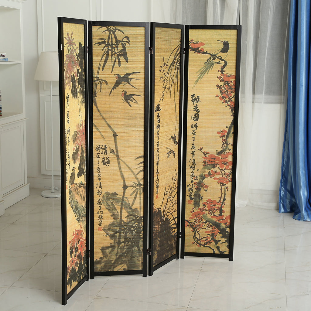 Decorative 4 Panel Folding Room Divider Bamboo Screen with Chinese Calligraphy Design, 6FT Freestanding Floral