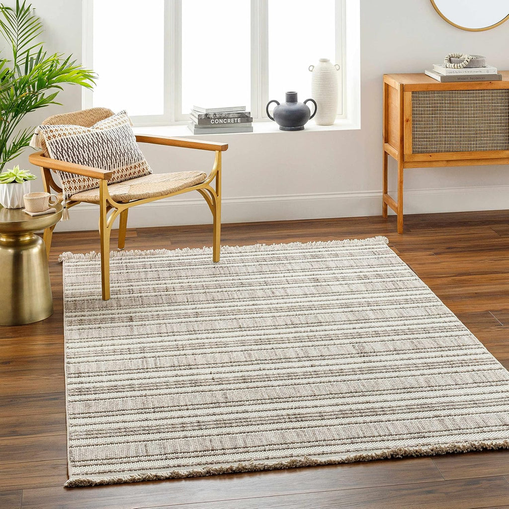 Avari Living Room, Bedroom Area Rug - Striped - Bohemian Transitional Modern Minimalist Farmhouse - Bone, Multi