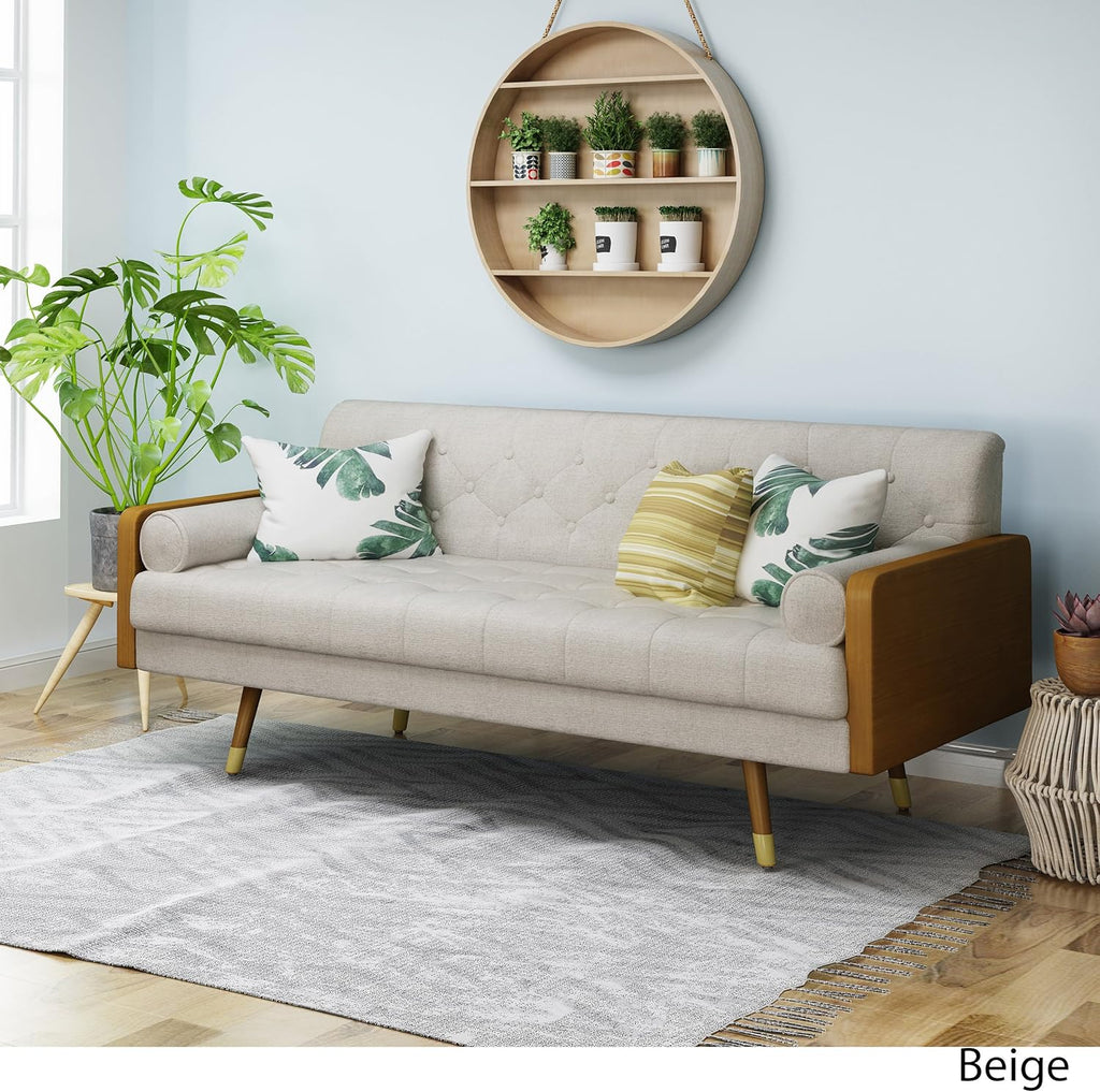 Aidan Mid Century Modern Tufted Fabric Sofa, Beige