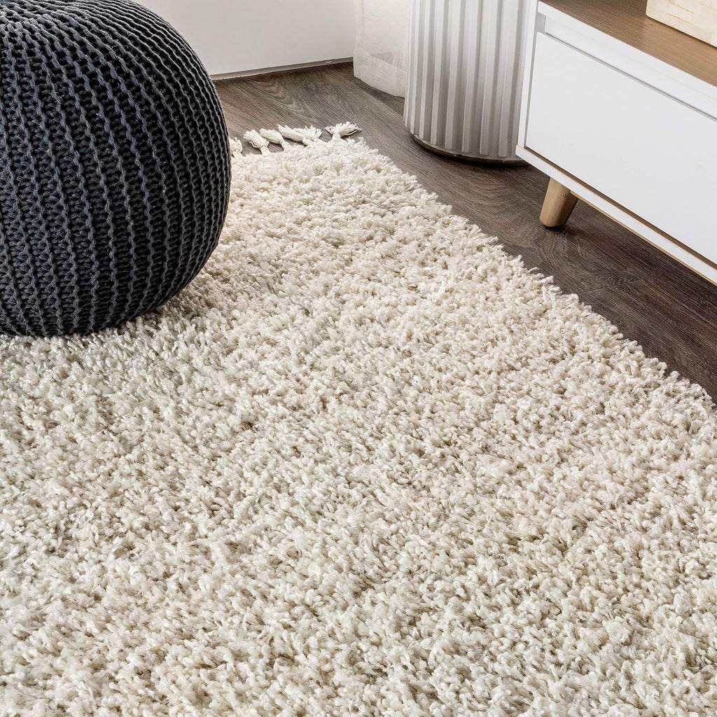 Mercer Shag Plush Tassel Cream Indoor Area Rug, Contemporary, Modern, Easy-Cleaning, Pet Friendly