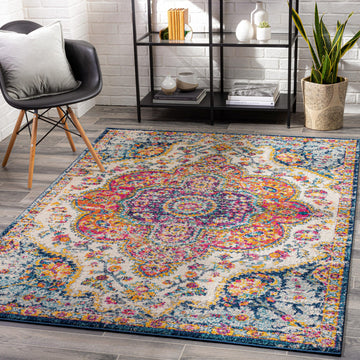 Area Rugs - Romaine Vintage Boho Fuchsia Mustard Blue Area Rug Bedroom - Floral Medallion Stain Resistant Carpet