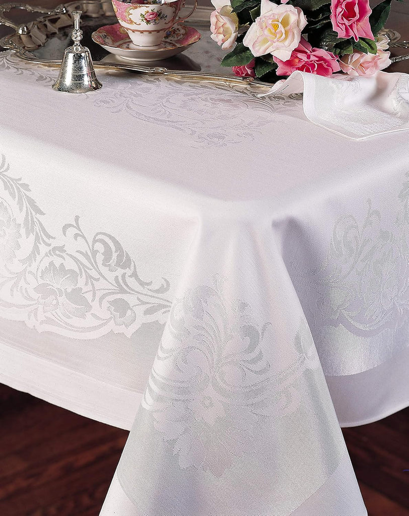 Fine Linen Damask Scroll 68" x 88" Rectangular Tablecloth | White