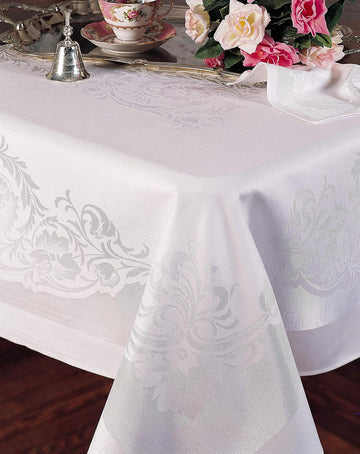 Fine Linen Damask Scroll 68" x 88" Rectangular Tablecloth | White