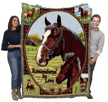 Thoroughbred Mare and Foal Blanket - Sympathy Equestrian Gift for Horse Lovers - Tapestry Throw Woven from Cotton