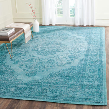 Classic Vintage Area Rug - 8' x 11', Aqua, Oriental Medallion Cotton Design, Easy Care