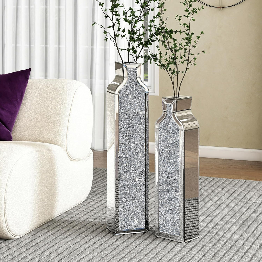 Floor Vase Crushed Diamond Mirrored Vase - Silver Floor Standing Vases Set of 2-24" & 30" Large Crystal Tall Vases