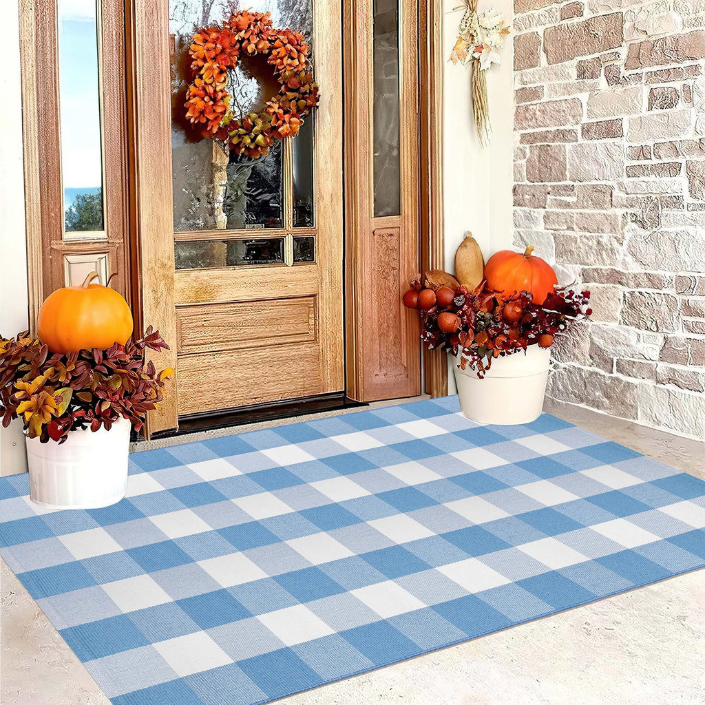 Washable 3'x5'Outdoor Rug, Light Blue White Buffalo Plaid Front Door Mat