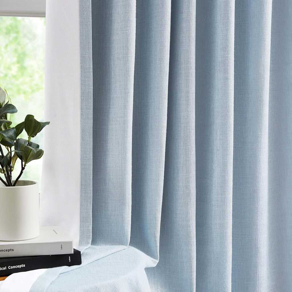 102 Inches Long Dusty Blue Bailey Pinch Pleat Full Blackout Curtains with Liners,Linen Textured Drapes for Modern