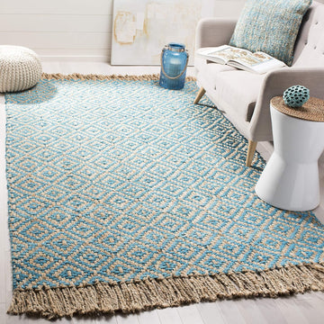 Natural Fiber Collection Area Rug - 6' Square, Turquoise & Natural, Handmade Boho Diamond Tassel Jute, Ideal for High