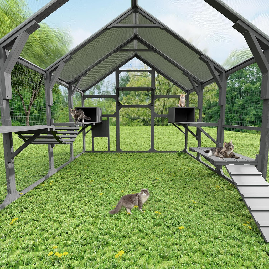 Outdoor Large Catio Cat Enclosure, Wooden Cat House with 7 Platforms, 2 Resting Boxes, 1 Bridge and 1 Ramp, Walk