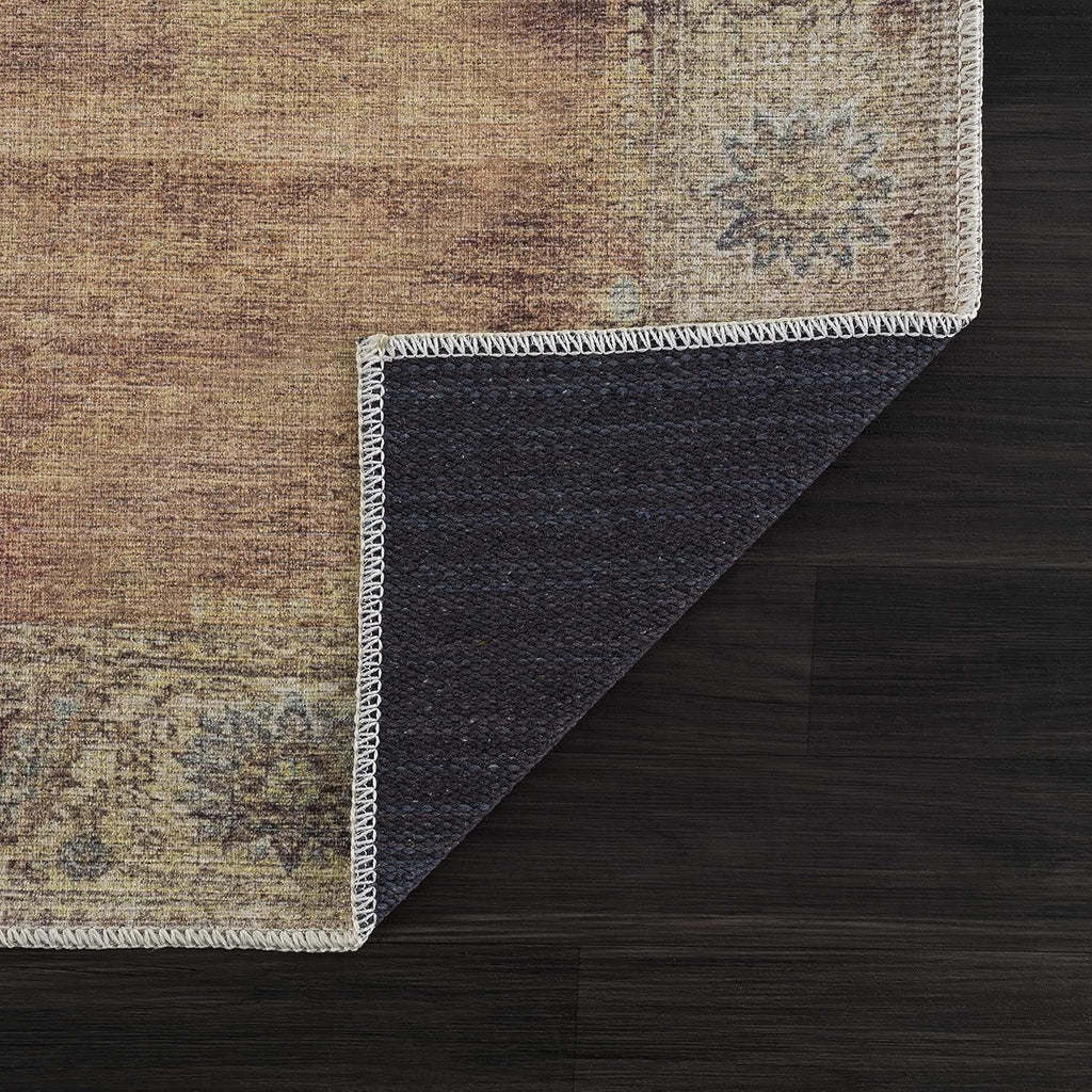 Powhatan Machine Washable Area Rug - Medallion Floral Border Distressed Faded - Traditional Oriental Transitional