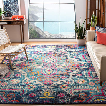 Monaco Collection Area Rug, Blue & Fuchsia, Boho Chic Medallion Distressed Design, Non-Shedding & Easy
