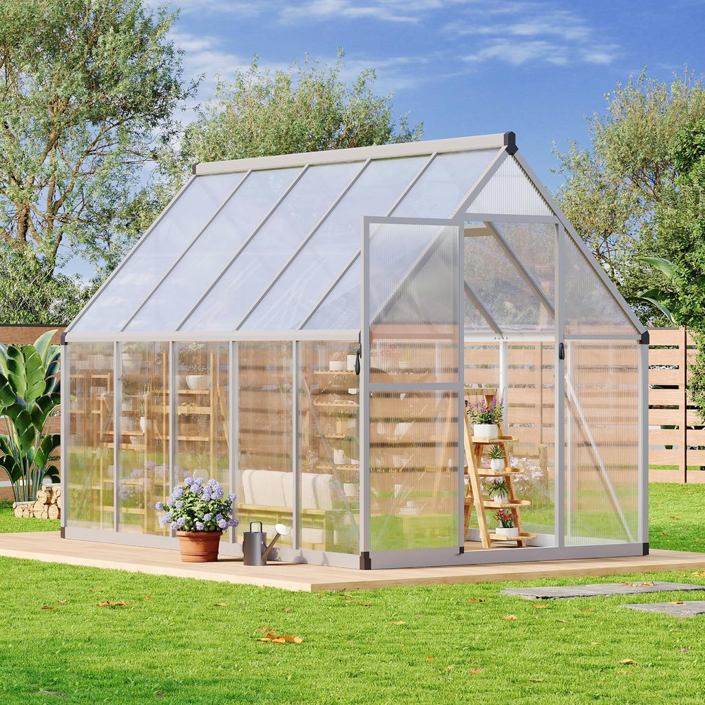 6x9 ft Polycarbonate Outdoor Greenhouse Kit - Heavy Duty Aluminum Plant Shelter with Roof Vent, Lockable Door &