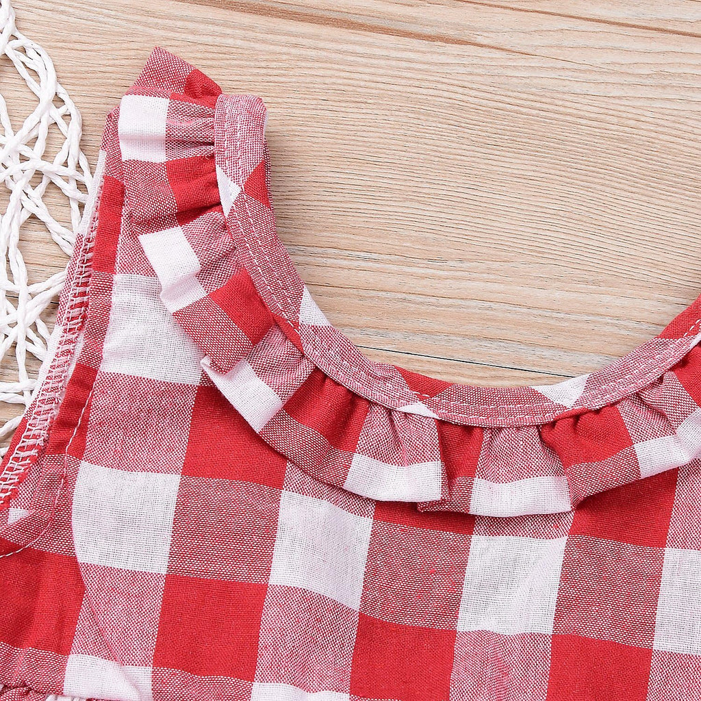 Baby Girls Plaid Ruffle Bowknot Tank Top+Denim Shorts Outfit with Headband