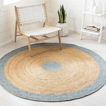 Braided Round Rug 6', Wool Light Blue & Gold BRD910H | 3/8" Pile, Handwoven, Wool & Jute Fibers, Indoor Rug