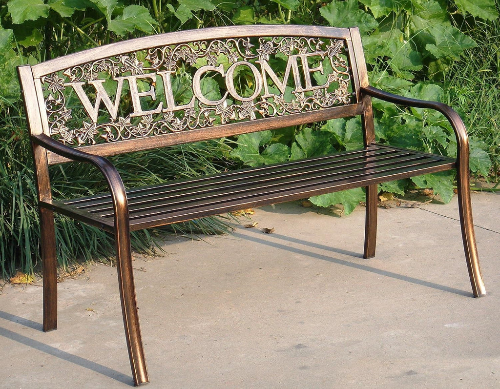 Metal Outdoor Bench, Welcome Design, Decorative Patio Seating for Porch/Deck