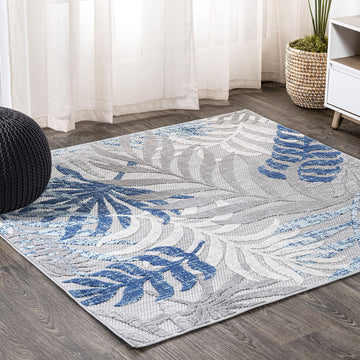 Tropical Leaves Square Rug Gray/Blue, Coastal Indoor Outdoor Rug