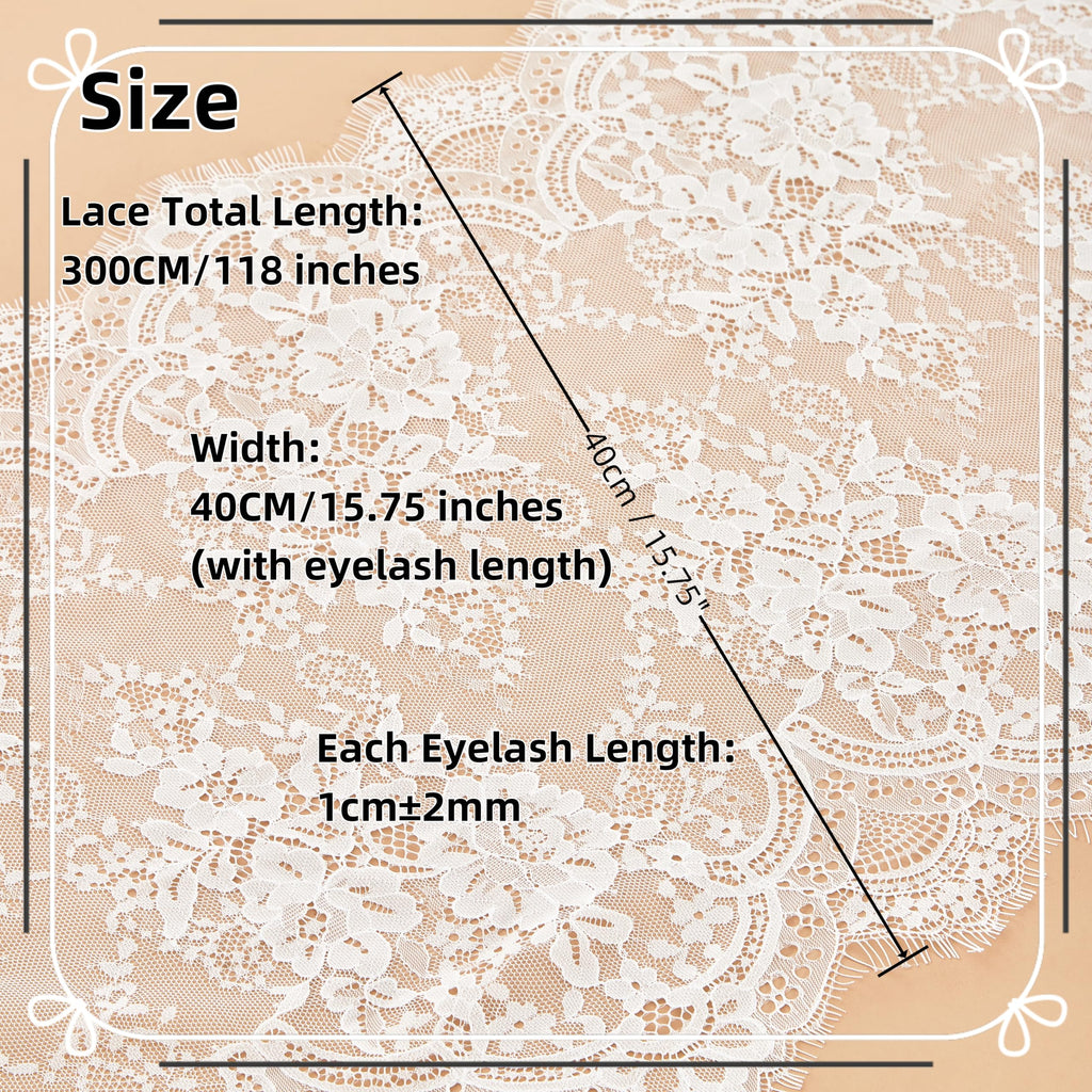 15.75" Wide 3 Yard 0.11lb White Eyelash Lace Fabric Lace Ribbon with Floral Pattern for Wedding, Sewing, DIY