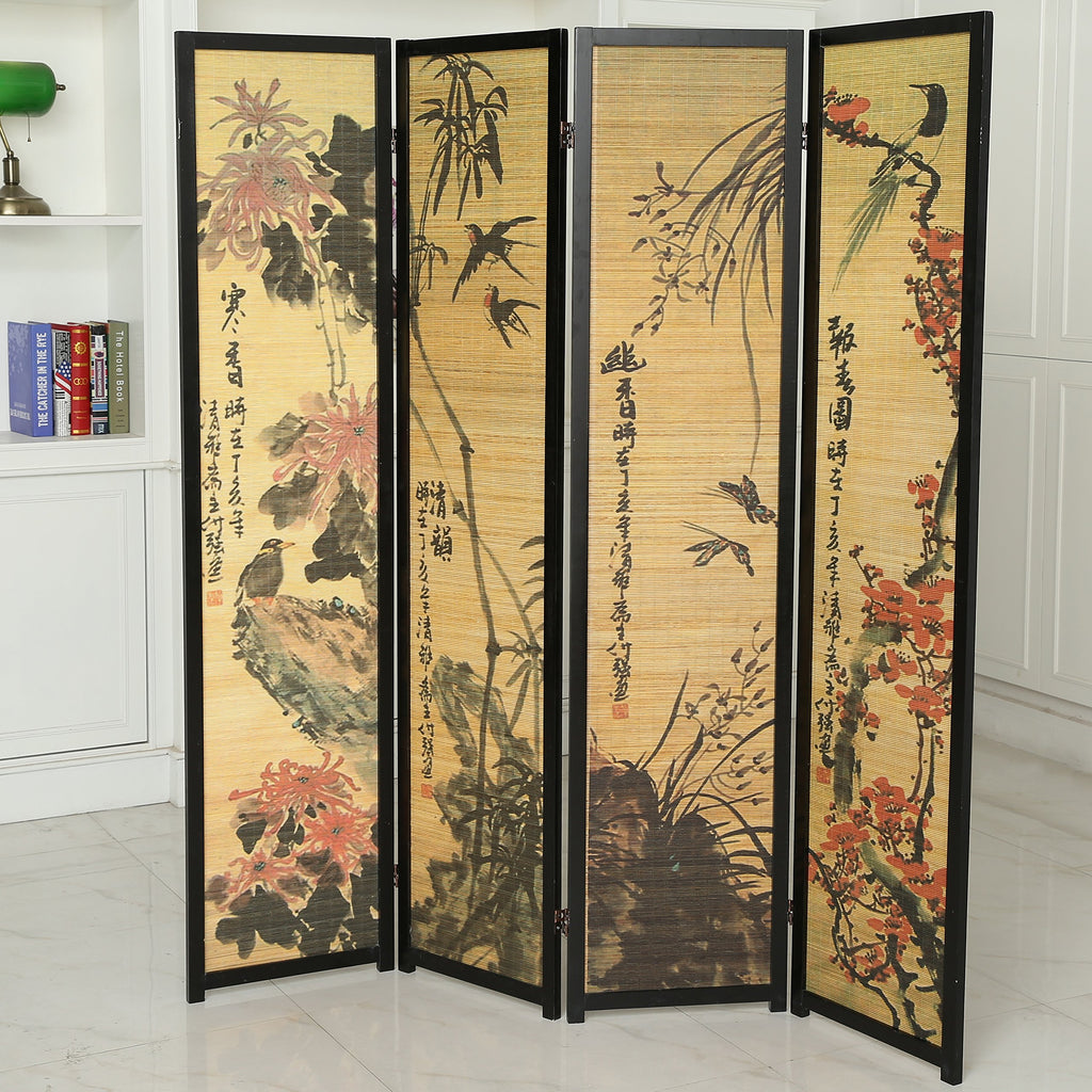 Decorative 4 Panel Folding Room Divider Bamboo Screen with Chinese Calligraphy Design, 6FT Freestanding Floral