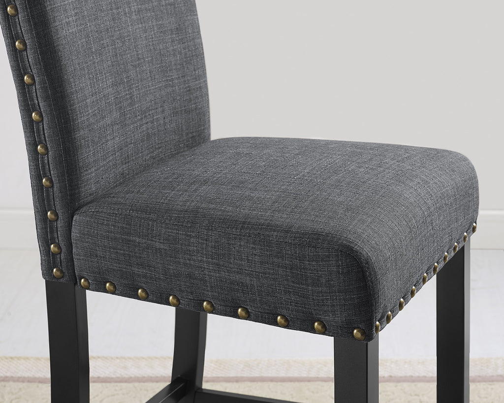 Collection Biony Espresso Wood Counter Height Dining Set with Gray Fabric Nailhead Stools