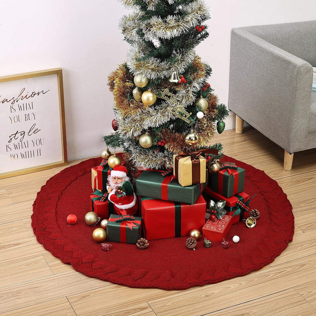 Christmas Tree Skirt, 36", Red Knitted Christmas Skirt Tree