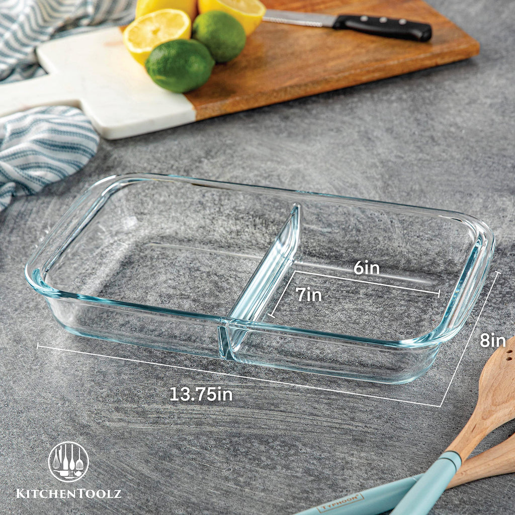 Divided Glass Casserole Baking Dish, Rectangular Bakeware Set 2.3 Qt Each, Oven to Table Clear Glass Lasagna Pan with
