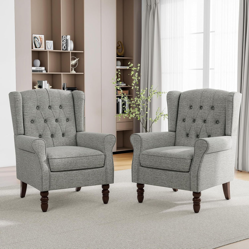 High Back Floral Accent Chair - Retro Wingback Upholstered Armchair with Nailhead Trim, Solid Wood Legs, Fabric