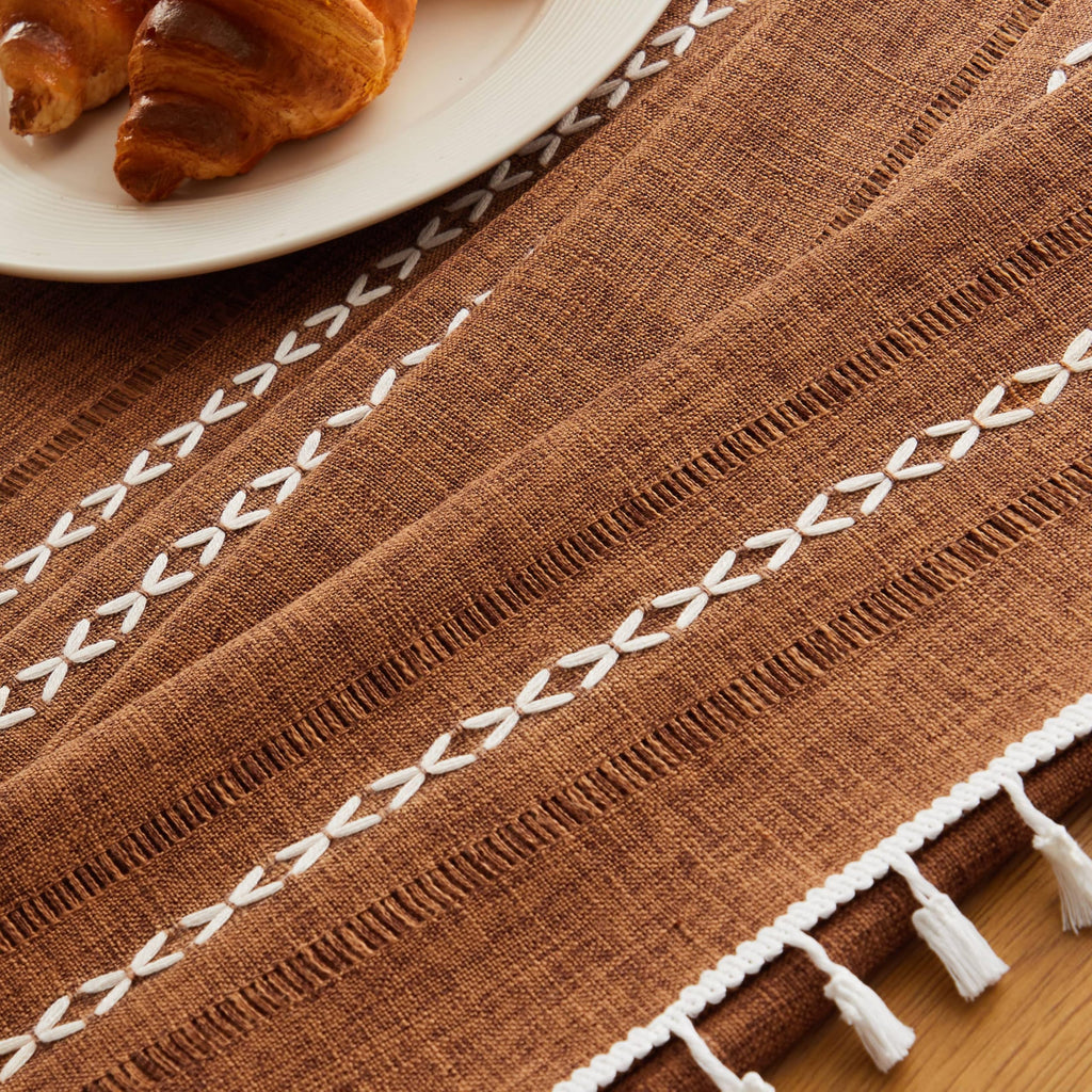 Hemstitched Striped Boho Table Cloth, 60 Inch Round Caramel