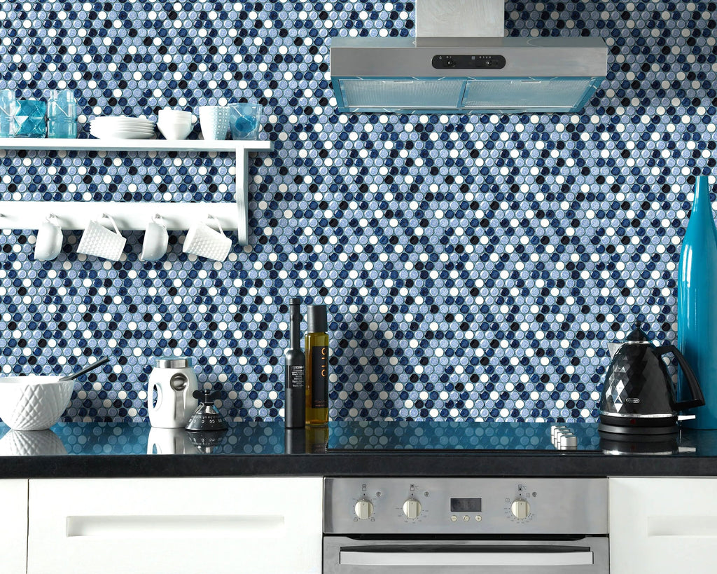 Penny Round Tile Navy Blue White Mosaic Tiles Wall Backsplash, Bathroom Floor, Accent Wall (Case of 5)