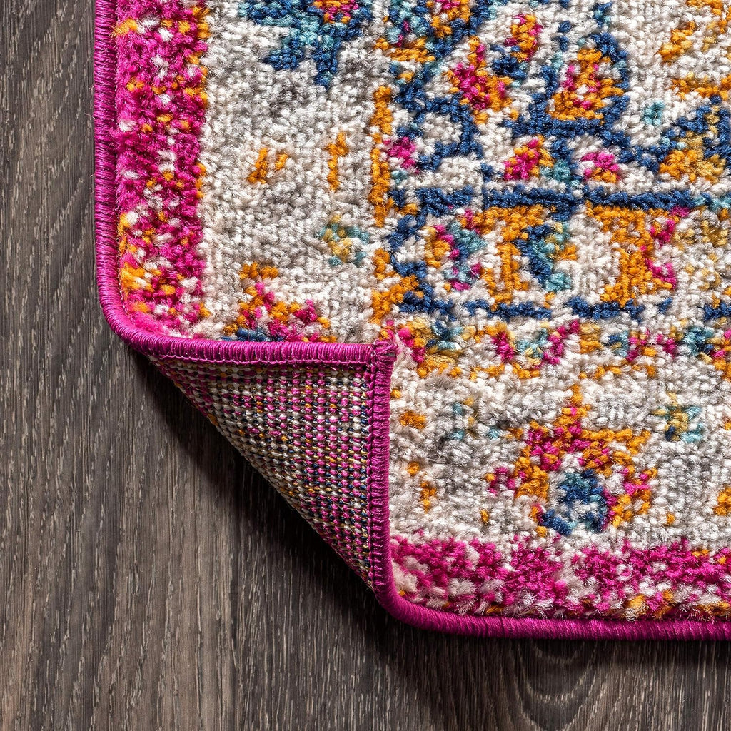Boho Vintage Pink/Cream Indoor Area Rug, Bohemian Flair Medallion, Chic, Floral, High Traffic, Pet Friendly