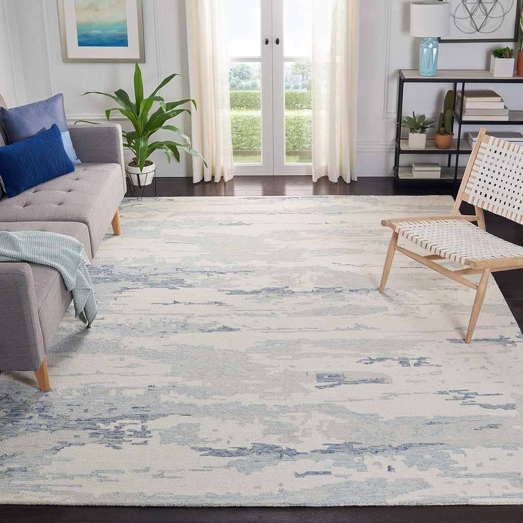Abstract Area Rug - 10' x 14', Ivory & Blue, Handmade Abstract Wool