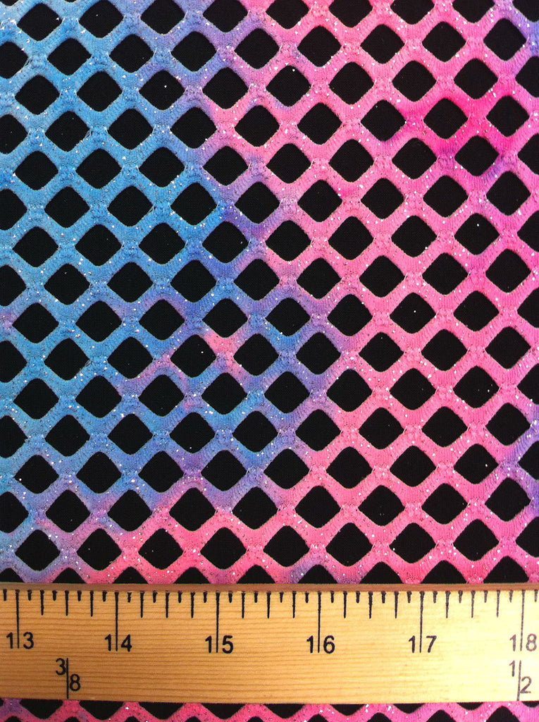 Diamond Mesh Big Hole 0.5 Inch Multi-Color Tie-dye Pattern w/Silver Sparkly Glitter Stretch Polyester Spandex Fabric